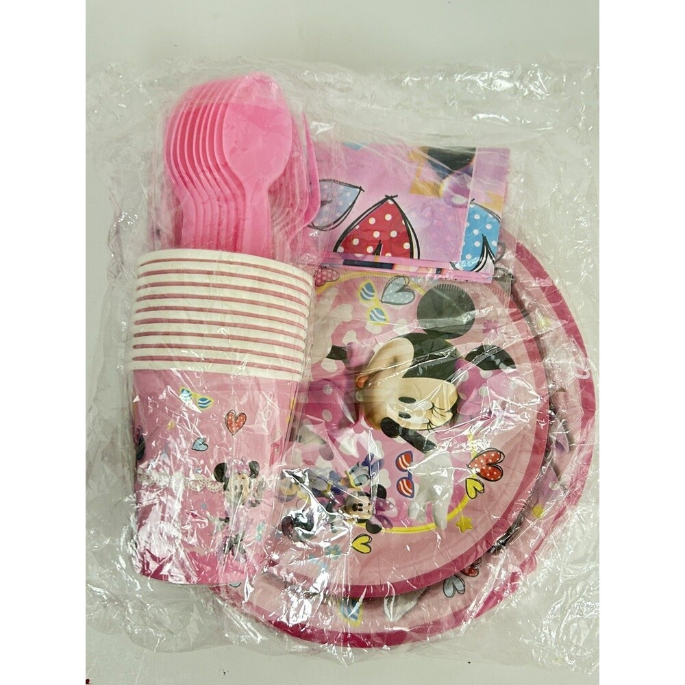 Minnie Mouse Party Supplies Lot Plates Cups Napkins Utensils Pink Disney For 10